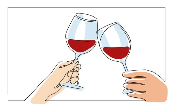 Linha Contínua Desenho Duas Mãos Brindar Com Copos Vinho Ilustração — Vetor de Stock