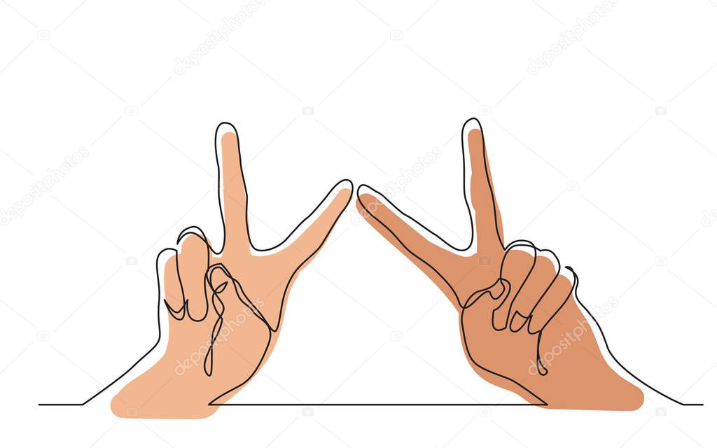 continuous line drawing two hands showing victory sign , vector illustration