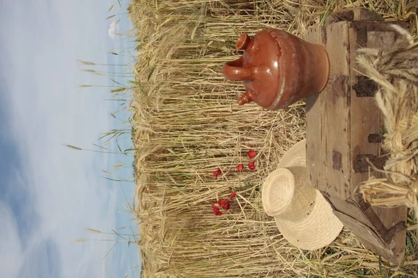 Buğday şapkası ve kil çömlek tabanlı köylü kompozisyonu.