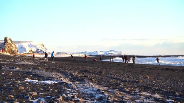 Vik, Islandia 12. Grudzień 2019. Dobrze znane i bardzo piękne Black Sand Beach w Islandii znajduje się w Vik i Myrdal miasta. Nagranie wysokiej rozdzielczości w złotej godzinie. Turystyka w Islandii — Wideo stockowe