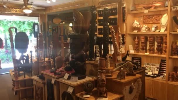 Hanalei, Hawaii, Verenigde Staten 12. juli 2019. Ching Young Village winkelcentrum is de beste plek in Kauai waar wat geld te besteden aan souvenirs en typische spullen uit Hawaï als een houten sieraden etc. — Stockvideo