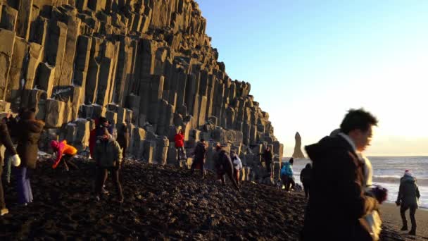 Vik, Islandia 12. Grudzień 2019. Dobrze znane i bardzo piękne Black Sand Beach w Islandii znajduje się w Vik i Myrdal miasta. Nagranie wysokiej rozdzielczości w złotej godzinie. Turystyka w Islandii — Wideo stockowe