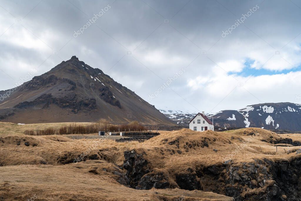 Amazing landscape of Arnarstapi a small village in Snaefellsnes Peninsula in Iceland. Port and fishing town in Iceland