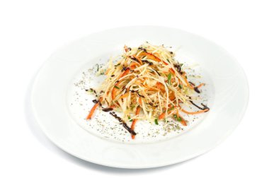 Mor lahana, beyaz, marul, havuç plaka arka plan üzerinde taze sebze salatası.