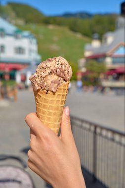 El tutma dondurma çikolata sosu ve çerezler ile