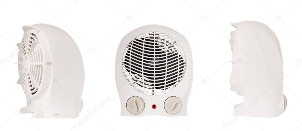 Photo collage, White portable electric heater isolated on white background. Close up Fan heater