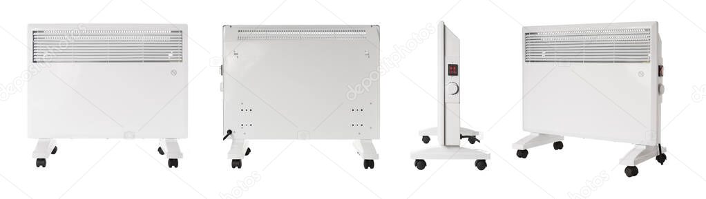 Photo collage, White portable Forced convection heater isolated on white background.
