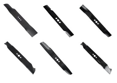 Çim biçme makineleri için bıçaklar, bahçe bıçağı, beyaz arka planda izole edilmiş, bıçaklardan kolaj