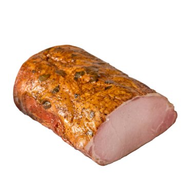 Beyaz arkaplanda katalog ve menü için izole edilmiş taze jambon..