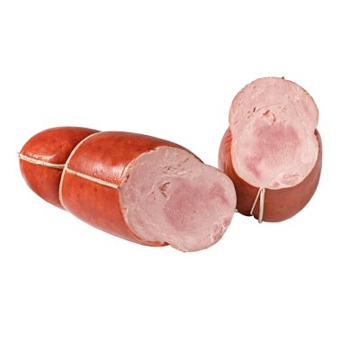 Beyaz arka planda izole edilmiş füme kemiksiz jambon parçası. Köfteler, katalog ve menü için haşlanmış jambon ürünü fotoğrafı.