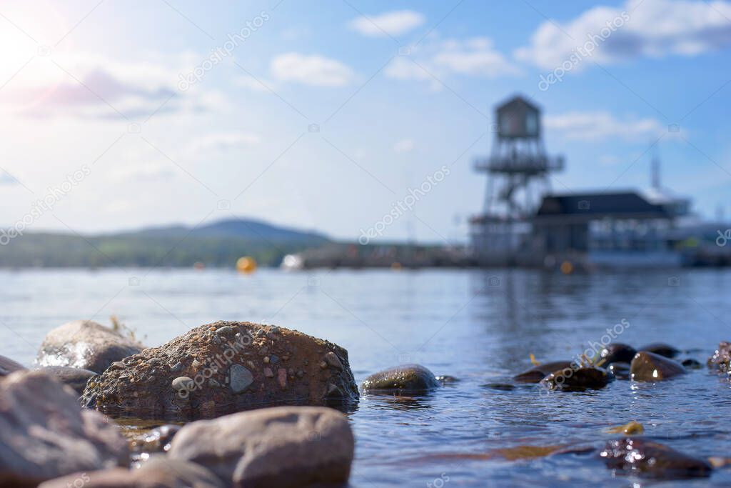 Memphremagog lake and Mont-Orford seen Wharf and observatory tower, Province of Quebec, Canada