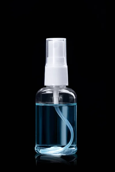 Bottle Instant Antiseptic Hand Sanitizer Transparent Gel Isolated Black Background — Stock Photo, Image