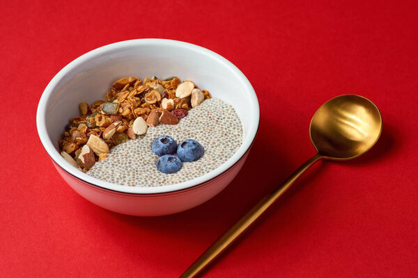 Detox and healthy superfoods breakfast bowl concept. Vegan coconut milk chia seeds pudding, blueberries and nuts. Overhead, top view, flat lay on red background.