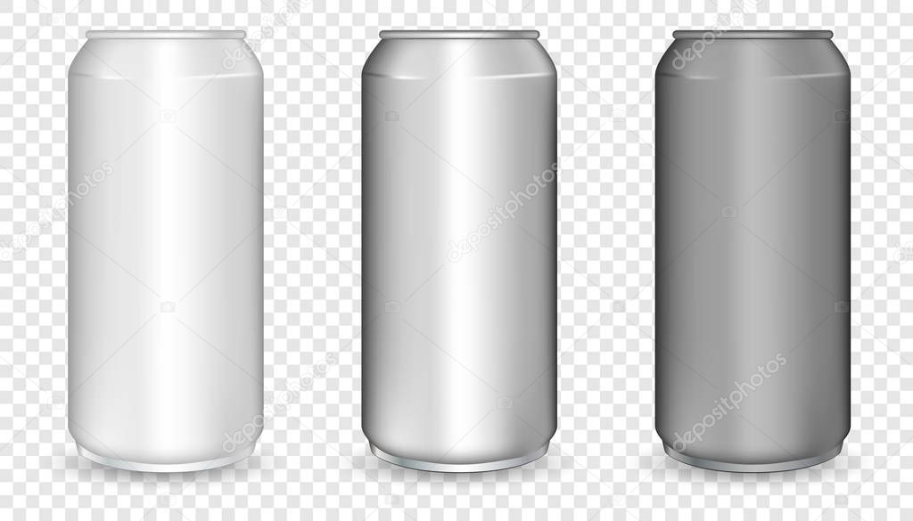 Realistic 3d empty glossy metal white, black and silver aluminium beer pack or can set. Aluminum bear soda and lemonade cans, energy drink blank mockup.