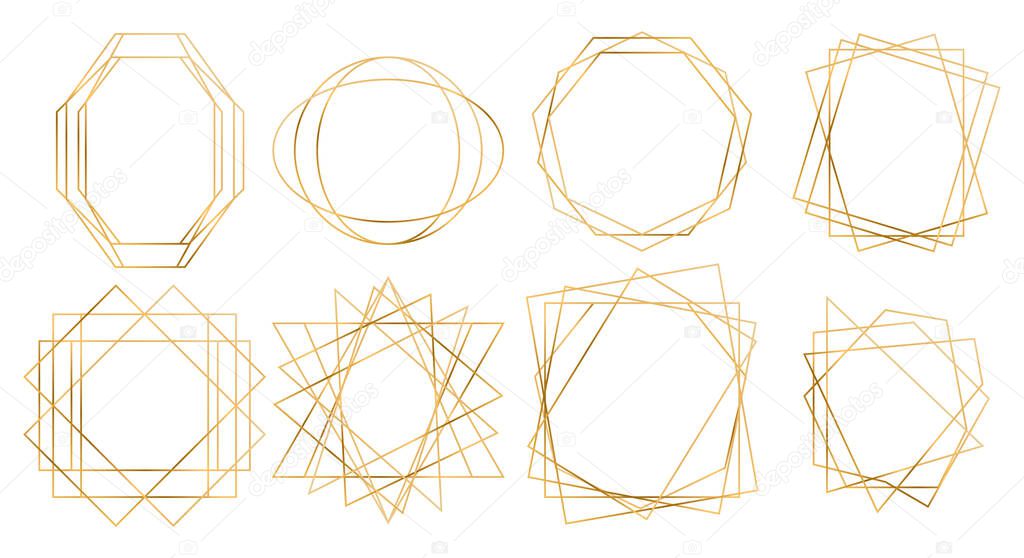 Gold collection of geometric polygonal frames isolated on background. Line Set for Invitation Decoration. Vector illustration of Geometric Frame
