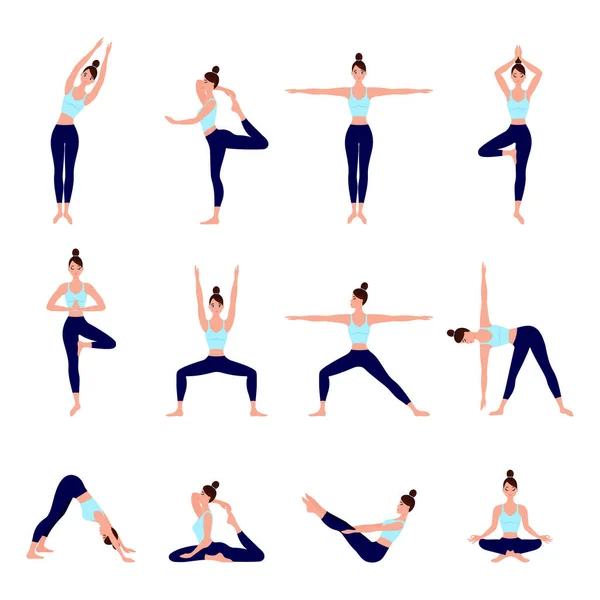 Set van yoga houdingen vrouwelijk — Stockvector