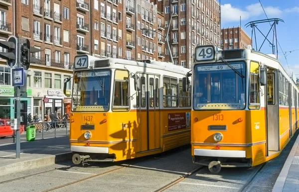 Budapest Hungría Marzo 2019 Dos Viejos Tranvías Eléctricos Uno Lado — Foto de Stock