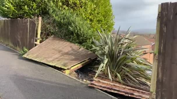 ウェールズ ポンタイプリッド2020年2月 暴風雨により破壊された木の庭垣 — ストック動画