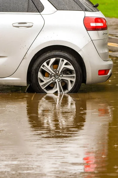 Treforest Wales February 2010 Rear Car Parked Floodwater Wheel Reflected — Stock Photo, Image