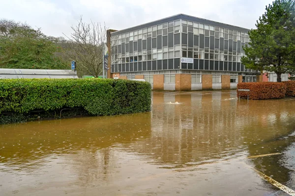 Nantgarw Cardiff Wales February 2020 Flooded Road Nhs Health Service — Stock Photo, Image