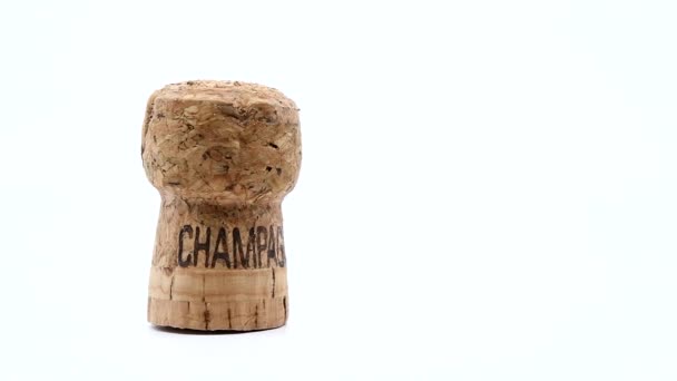 Bouchon Champagne Marqué Mot Champagne Sur Fond Blanc Uni Tournant — Video