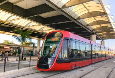 NICE AIRPORT, FRANCE - APRIL 2019: Modern electric tram on the new metro system at Nice airport