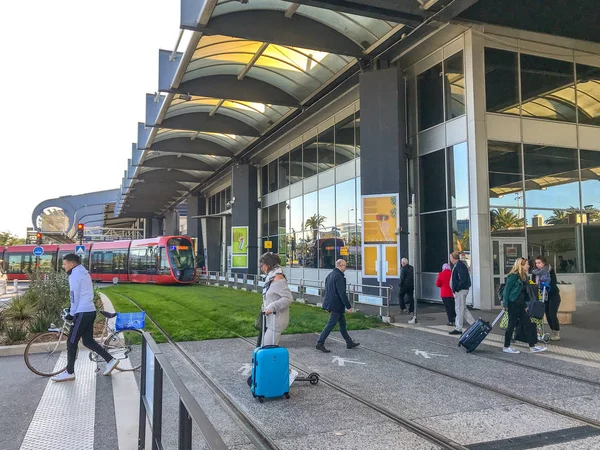 Nice Airport France April 2019 People Crossing Tram Tracks Modern — Stock Fotó