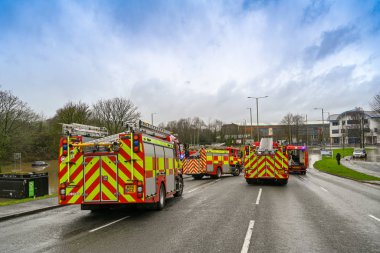 NANTGARW, NEAR CARDIFF, WALES - FEBRUARY 2020: Fire tenders called out to an emergency flooding incident in Nantgarw near Cardiff
