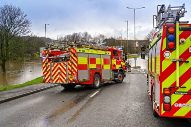 NANTGARW, NEAR CARDIFF, WALES - FEBRUARY 2020: Fire tenders called out to an emergency flooding incident in Nantgarw near Cardiff