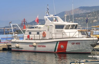 ISLE OF CAPRI, ITALY - AUGUST 2019: Italian Coastguard fast patrol boat in harbour on the Isle of Capri.