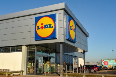 CARDIFF, WALES - JANUARY 2020: Entrance of a branch of the LIDL supermarket chain in Cardiff