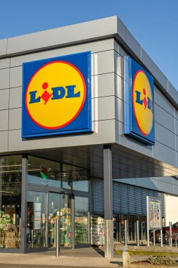 CARDIFF, WALES - JANUARY 2020: Entrance of a branch of the LIDL supermarket chain in Cardiff