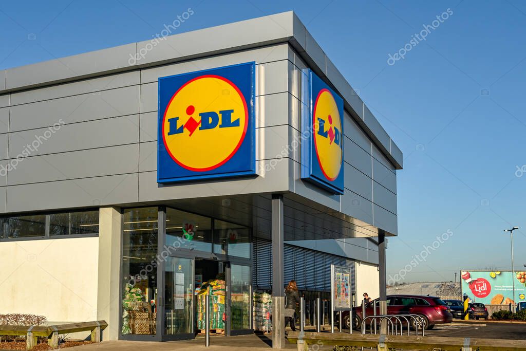 CARDIFF, WALES - JANUARY 2020: Entrance of a branch of the LIDL supermarket chain in Cardiff