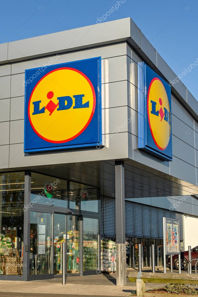 CARDIFF, WALES - JANUARY 2020: Entrance of a branch of the LIDL supermarket chain in Cardiff