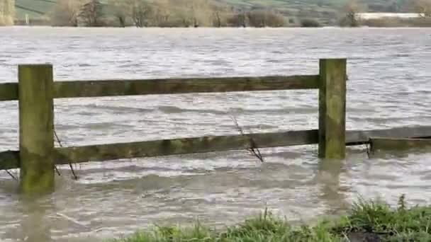 Dřevěný Plot Ponořený Bahnité Povodňové Vodě Extrémním Počasí — Stock video