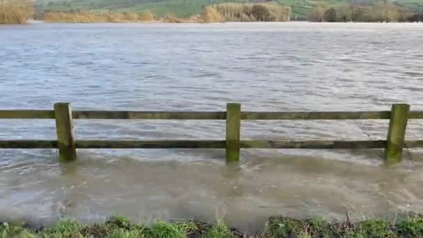 Houten Omheining Landbouwgrond Ondergedompeld Modderig Overstromingswater Extreem Weer — Stockvideo