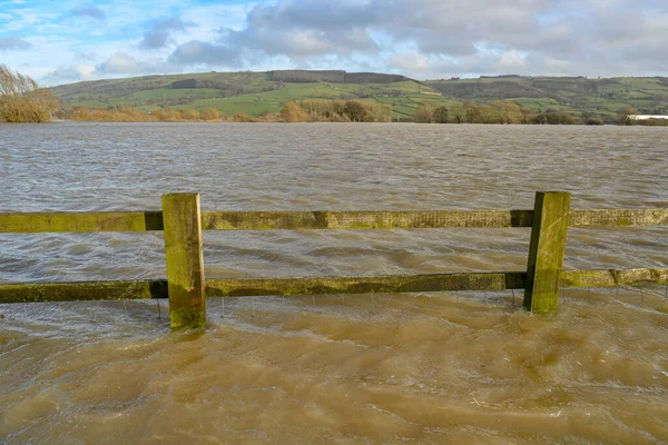 Wooden Fence Farmland Water Result River Severn Bursting Its Banks — Stock Photo, Image