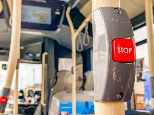 Cardiff Wales March 2020 Close View Red Button Request Driver — Zdjęcie stockowe