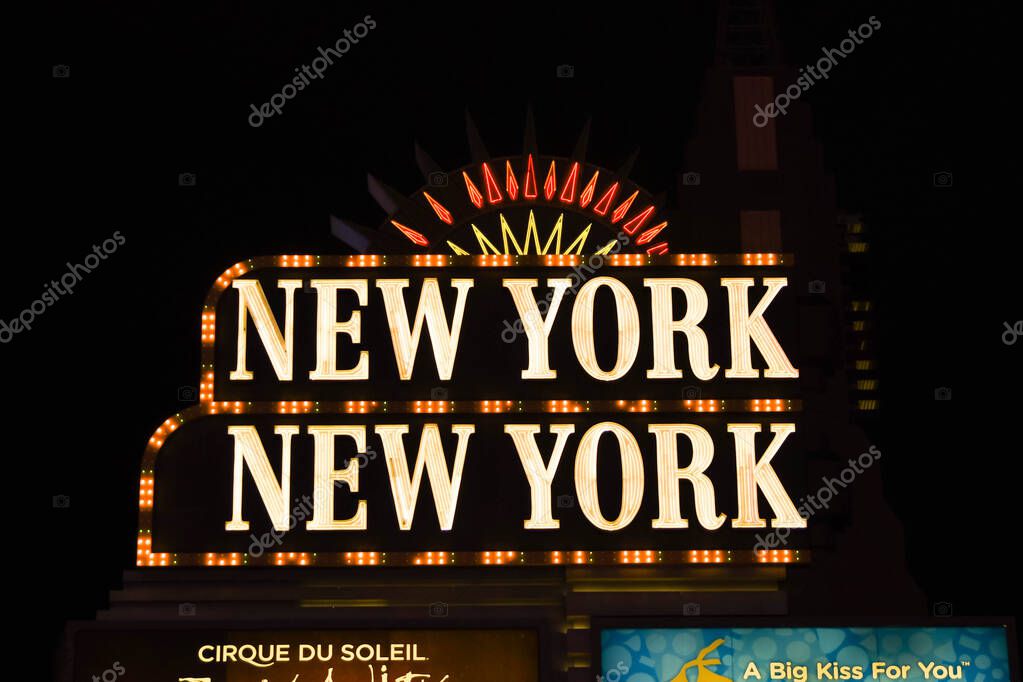 LAS VEGAS, NV, USA - FEBRUARY 2019: Illuminated sign outside the New York New York Hotel on Las Vegas Boulevard, which is also known as The Strip.
