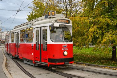 VIENNA, AUSTRIA - Kasım 2019: Viyana şehir merkezinde bir caddede çalışan elektrikli tramvay.