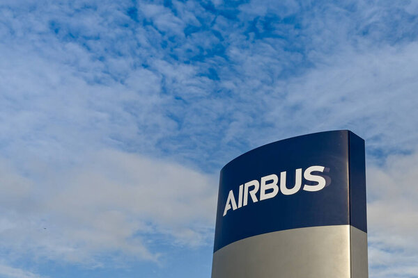 BROUGHTON, WALES - MARCH 2020: Sign outside the Airbus factory. The factory makes wings for Airbus jets
