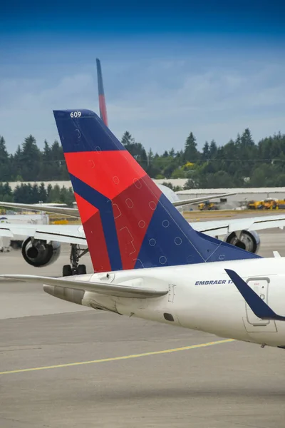 Seattle Tacoma Airport Usa Ιούνιος 2018 Ουρά Πτερυγίου Ενός Τζετ — Φωτογραφία Αρχείου