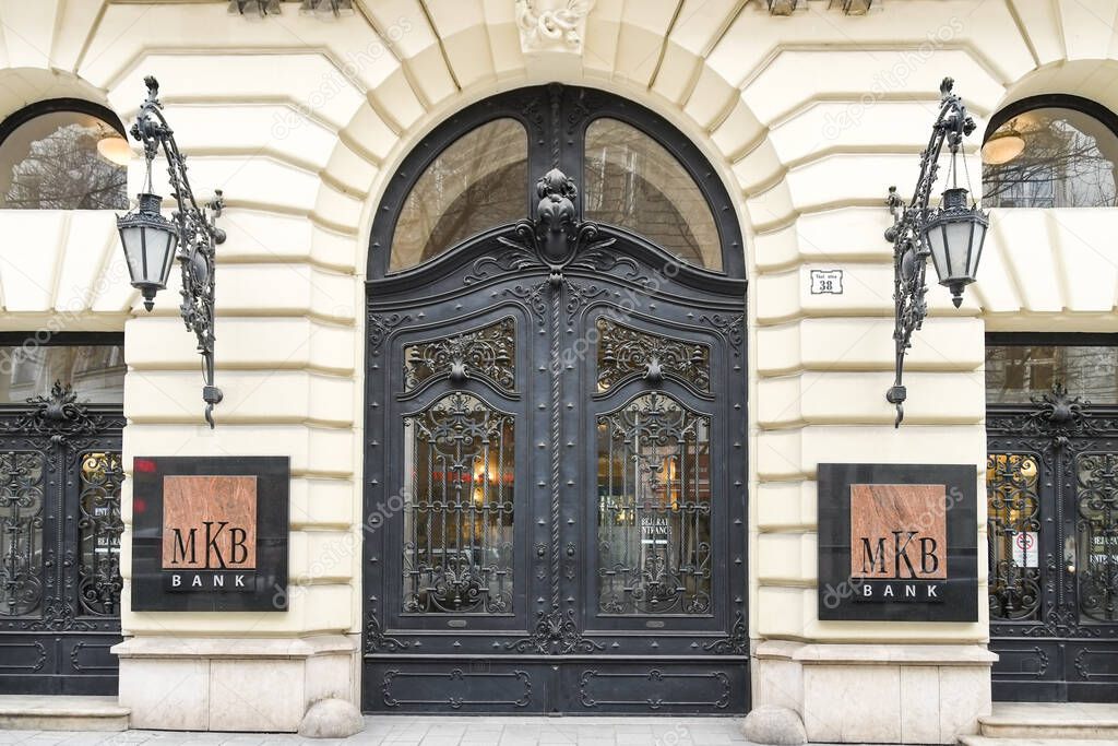BUDAPEST, HUNGARY - MARCH 2019: Entrance to a branch of the MKB Bank in Budapest