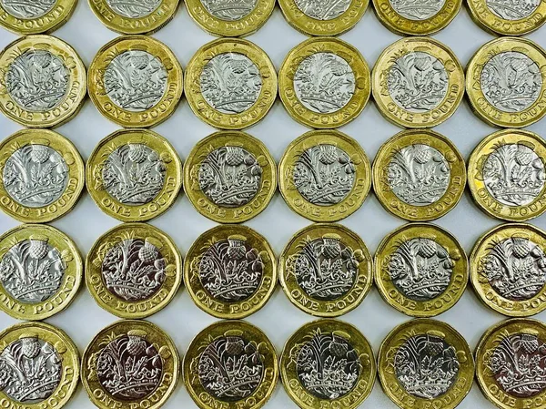 Cardiff Wales Octubre 2019 Filas Brillantes Monedas Británicas Una Libra — Foto de Stock