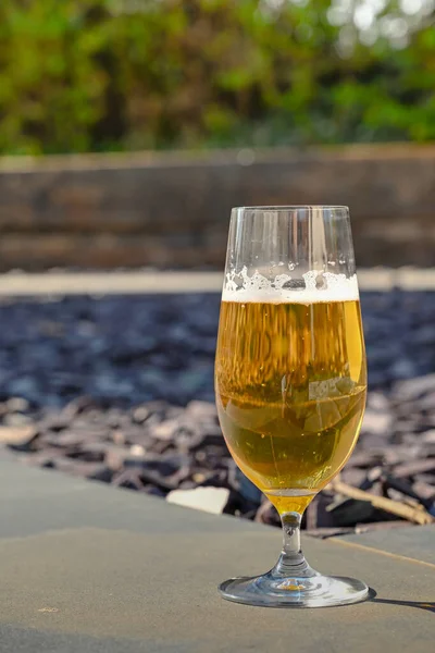 Glas Gouden Bier Een Tuinmuur — Stockfoto