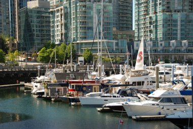 Vancouver, Kanada - Eylül 2012: Vancouver limanında arka planda deniz kenarındaki apartman blokları bulunan tekneler