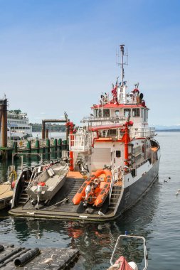 SEATTLE, WASHINGTON Eyaleti, ABD - HAZİRAN 2018: Seattle rıhtımında bir iskeleye bağlı acil servis itfaiye teknesi.