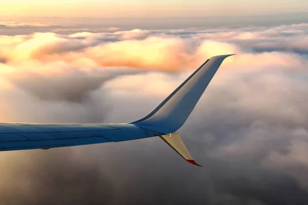 Tájkép Felhők Felett Kora Reggeli Fényben Mászó Repülőgép Ívelt Szárnycsúcsáról — Stock Fotó