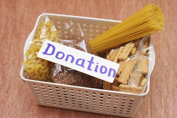 Una Caja Donaciones Con Alimento Inscripción Donación Asistencia Social Con — Foto de Stock