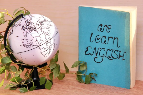 The book We learn English beside a globe and a potted plant. Study English language.